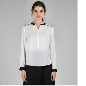 Vince Camuto Ivory V-Neck Blouse with Black Contrast Trim, Womens Size XS Petite
